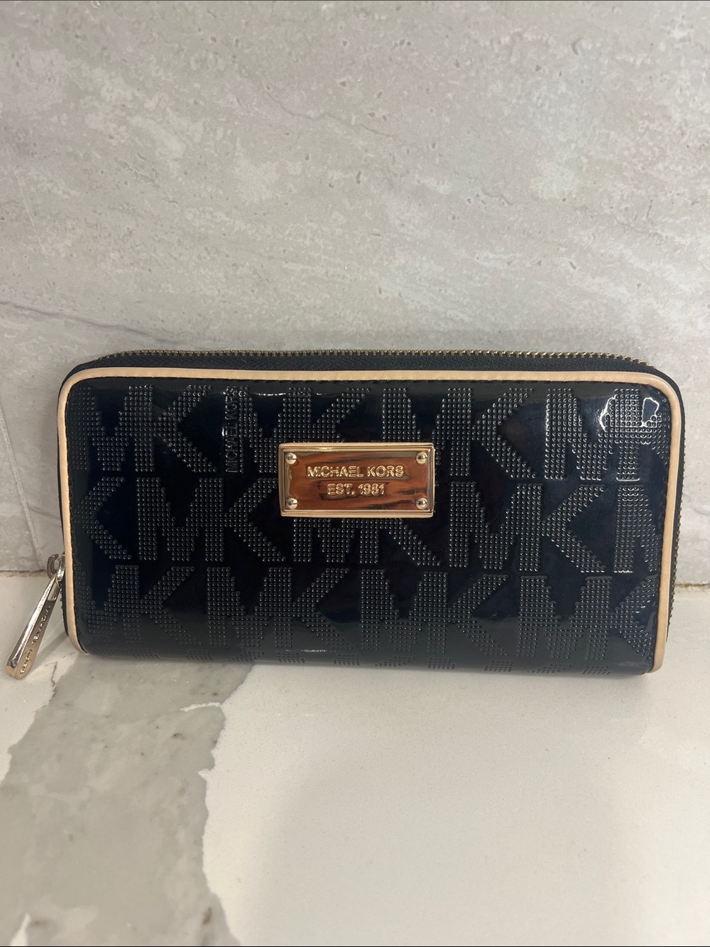Michael Kors Black MK Monogram Zip Wallet with Beige Trim